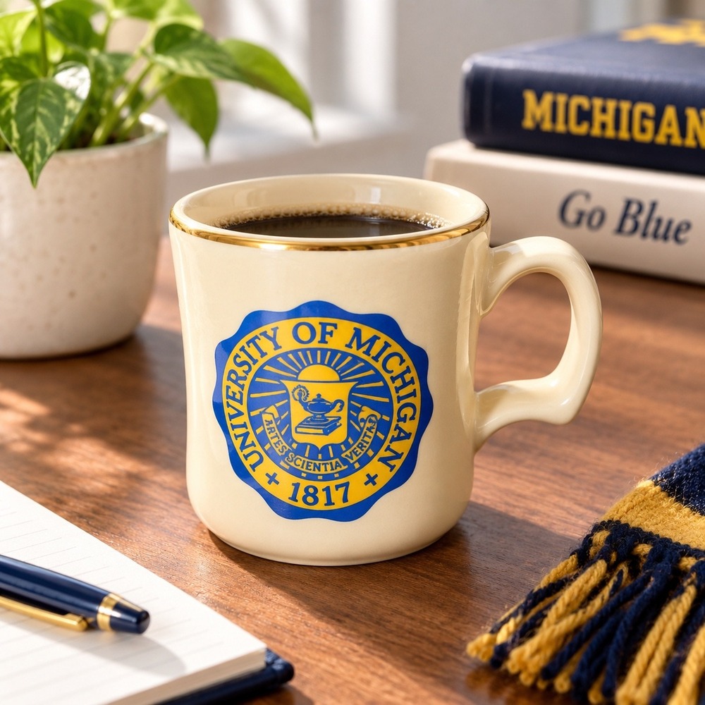 Vintage University of Michigan Coffee Mug Gold Rim Seal Crest Cream Ceramic 1817